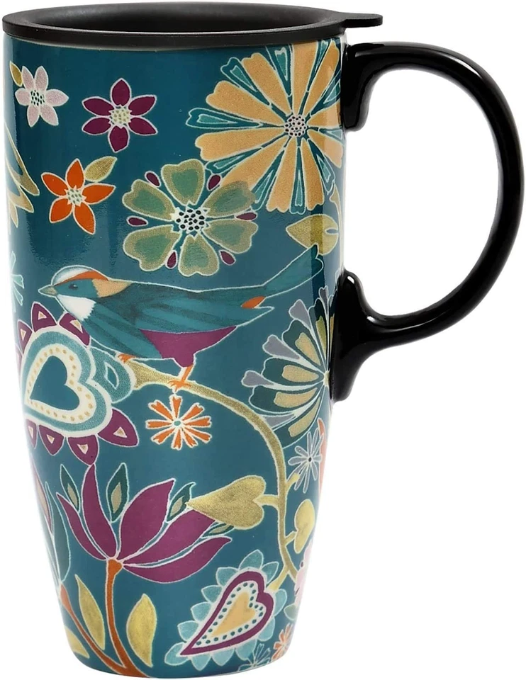 Cedar Home Coffee Ceramic Mug Porcelain Latte Tea Cup With Lid 17oz. Floral Teal