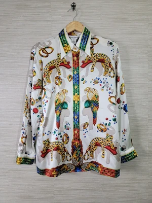 Camicia blusa donna Paolo Santini 100% seta leopardata stampa gioielli bottoni davanti - Immagine 1 di 4