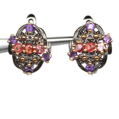 Plata de ley 925 de 2 mm. Pendientes de zafiro naranja y amatista púrpura Foto 1 de 4