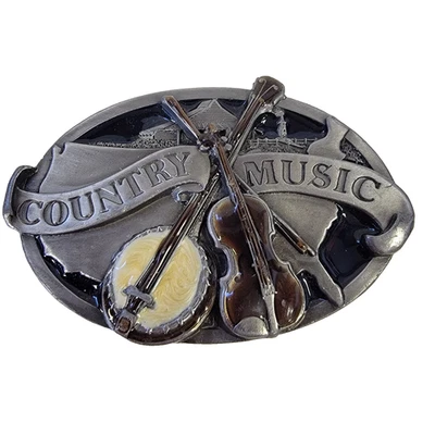 Hebilla de cinturón con incrustaciones de metal de peltre de música country bonita vintage 1984 Foto 1 de 4