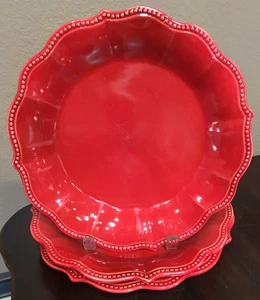 Pioneer Woman PAIGE RED Beaded Scalloped Rim SALAD DESSERT PLATES – Set of 3 - Picture 1 of 3