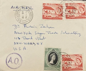 1953 Mauritius QEII Dual Towns BAMBOUS QUATRE BORNES 4 Cancels Sugar Trade Cover - Picture 1 of 6