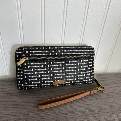 化石拉链钱包离合器腕带黑色带棕褐色圆点设计拉链周围 — 第 1/4 张图片