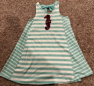 Tommy Bahama Girl's Green & White Striped Pink Sequined Seahorse Bow Back Size 8 - Picture 1 of 5