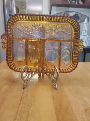 Bandeja de fruta/queso ámbar de 5 secciones de vidrio MCM Indiana vintage de 8 x 11 x 1,25 usada en excelente estado Foto 1 de 4