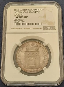 1858 -dated Belgium Silver Jeton,  Tournai Counsil , NGC Unc.  details    # 1967 - Picture 1 of 4