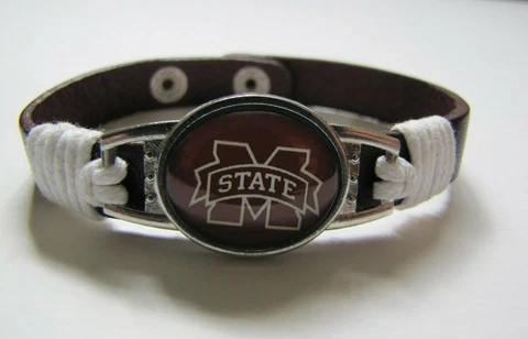 MISSISSIPPI STATE Leather Bracelet Maroon White Adjustable Snap Closure Unisex Cover