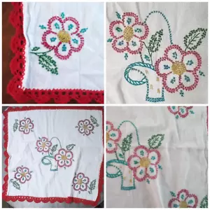 Vtg Hand-stitched Embroidered Tablecloth 26x30 Flower Floral red teal yellow New - Picture 1 of 11