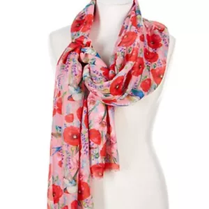 Enchanted Garden Birds and Flowers Printed Polyester Oblong Scarf Red Pink Blue - Picture 1 of 7