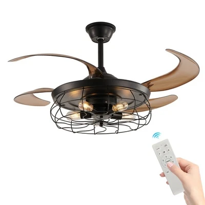 Kit de montaje empotrado de luz de ventilador de techo industrial enjaulado negro de 48" con control remoto Foto 1 de 4