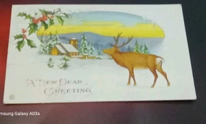💥 New Year Postcard Greeting signed Reindeer. Embossed over 100 year's - Picture 1 of 5
