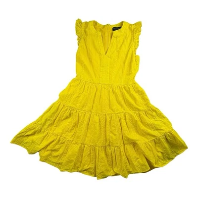 Laundry by Shelli Segal Yellow Ruffle Hem Cotton Dress Size 8 Summer Party - Image 1 of 4