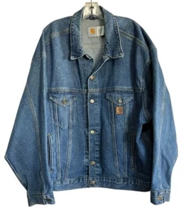 Vintage Carhartt Denim Jean Trucker Jacket J12 DST Darkstone USA Made Men's 2XL - Picture 1 of 8