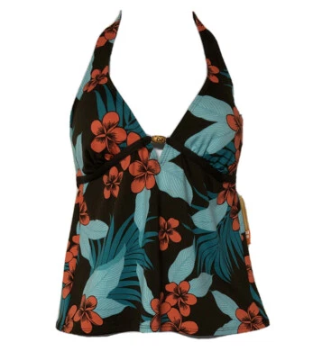 Tropical Escape Women's Brown Aqua Orange Floral Halter Tankini Top Size M - Image 1 of 2