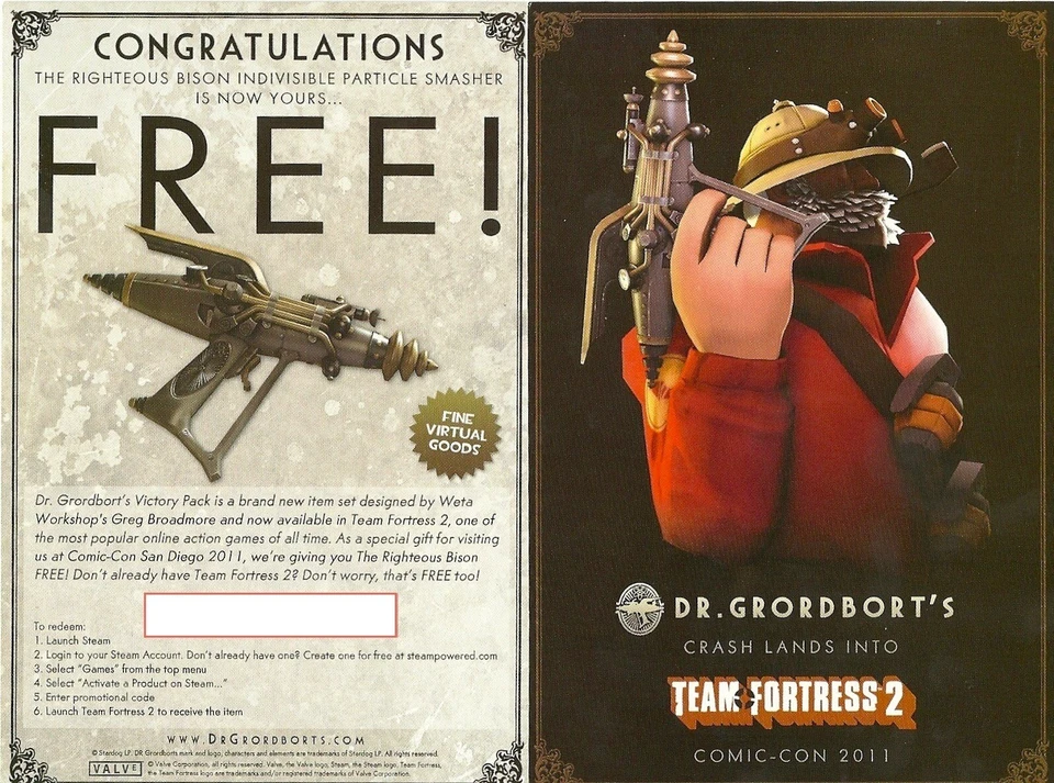 SDCC 2011 Team Fortress 2 TF2 Dr. Grordbort's Genuine Righteous Bison DLC Code - Image 1 of 1