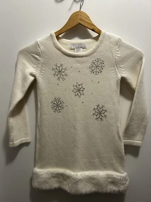 Camilla Girl White Holiday Sweater Dress Sparkling Snowflake Faux Fur 5 - 6 year - Image 1 of 4