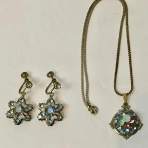 Vintage 50er AB blau Krappen Set Edelsteine Halskette & Schraubverschluss Ohrhänger Set - Bild 1 von 4