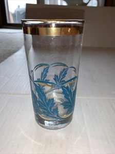VTG Mid Century Turquoise Blue Leaf Gold Glass Tumbler 12 oz 5.5" - Picture 1 of 5