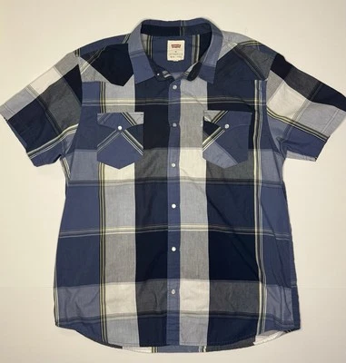 LEVIS Pearl Snap Plaid Shirt Mens XXL 2XL Blue S/S Pocket  Country Western Rodeo - Image 1 of 4