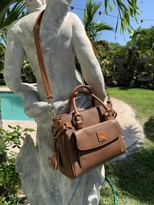 Dooney & Bourke Florentine Satchel Pebble Leather 2 Tone Brown Tassels Braided - Picture 1 of 24