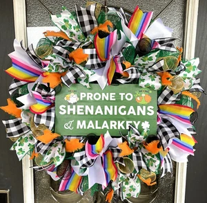 Shenanigans Malarky St. Patricks Day Deco Mesh Front Door Wreath Home Decoration - Picture 1 of 6