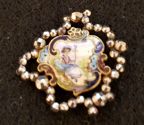SCARCE ANTIQUE ENAMEL PAINTED BUTTON W/LITTLE BO PEEP? /CUT STEEL BORDER 1" Cover