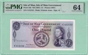 Isle of Man 1 Pound 1961 PMG 64 Sign. #2 Pick# 25b Queen Elizabeth II - Picture 1 of 2