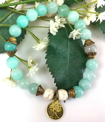 Pulsera jade verde con encanto árbol de la vida oro 8mm piedra preciosa curativa regalo Foto 1 de 4
