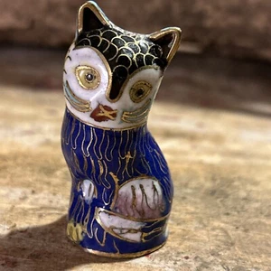 Cat Figurine Chinese Copper CLOISONNE Enamel Handmade Exquisite 2" Rare - Picture 1 of 7