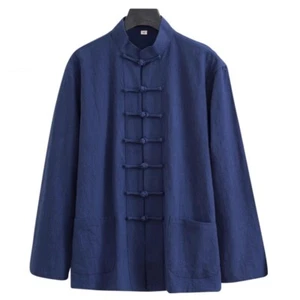 Men Chinese Style Cotton Linen Oversized Long Sleeved Shirt Top Retro Button - Picture 1 of 16