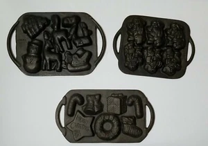 Lot of 3 Vintage Cast Iron Christmas Cookie Molds With Side Handles  - Picture 1 of 8
