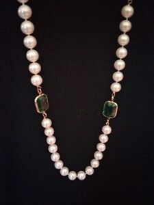 Emerald Cut Acrylic Green Bezel Set With Faux Pearl Necklace 