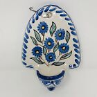 Pottery Holy Water Wall Pocket Blue White Hand Painted Spain Signed P Bazan Muel