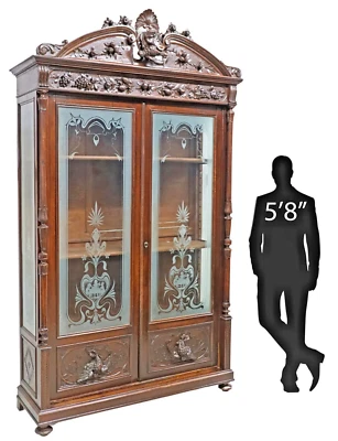 Antique Bookcase, Italian, Hunt, Carved Walnut, Etched Glass, Display,  1800s!! - Image 1 of 4