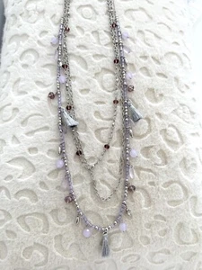 NWOT Long Silver Chain Necklace, Silver Tassles and Chain Beads Purple Brown - Picture 1 of 6