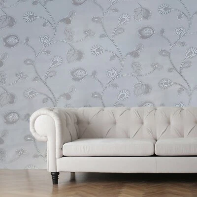 Papel Pintado Texturizado Gris Plata Metálico Paisley Floral Hojas Árbol Imitación Tela Foto 1 de 4