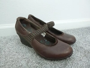 Merrell Poppy Roast Brown Leather Striped Fabric Mary Janes Wedge Heels 7.5 38 - Picture 1 of 10