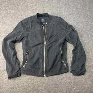 GAP Jacket Women XS Petite Black Bomber Cafe Racer Zipper Pockets Ribbed Collar - Picture 1 of 8