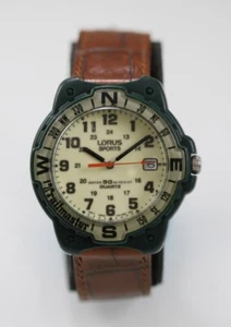 Lorus Sports Men Watch Green Plastic 50m Brown Leather Date Luminescent Quartz - Picture 1 of 6