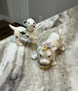 Vintage Japan Ceramic Dog Figurine Pair MCM Lusterware Puppies Flowers 1950s - Picture 1 of 9