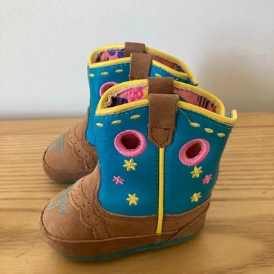 John Deere Infant Baby 1M Girls Leather Crib Boots Blue Floral Pink Soft Soles - Image 1 of 4