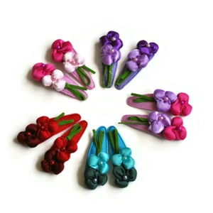 Girls Snap Hair Clips Satin Flowers Set of 2 - 5 Colour Options Handmade - Picture 1 of 23
