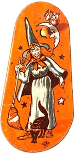Vintage Halloween Blech Krachmacher Hexe Besen Katze Mond Eule USA Metall Spielzeug MFG Co. - Bild 1 von 6