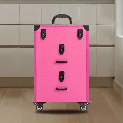Rolling Makeup Train Case Aluminum Cosmetic Case Trolley with Drawer Lock Pink - Image 1 of 4
