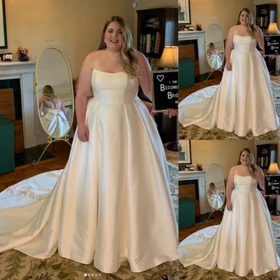 Plus Size Satin Wedding Dresses With Bow Strapless A Line Simple Bridal Gowns - Image 1 of 4