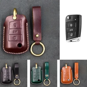 Genuine Leather Car Remote Key Case Cover For VW Golf Polo MK7 Karoq Skoda Seat - Picture 1 of 14