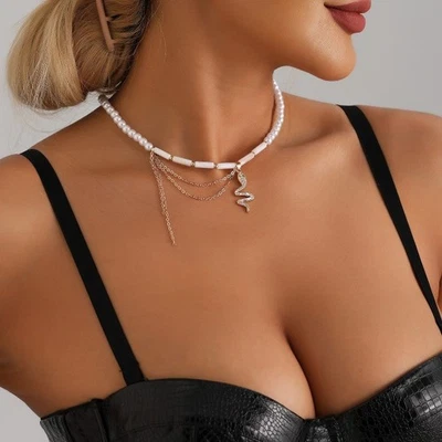 Ожерелье кулон женское сплав змеиная форма имитация жемчуга цепочка с воротником - Изображение 1 из 4