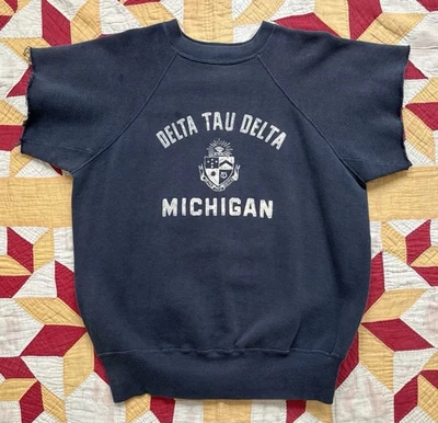 Vintage 60s Michigan Fraternity Sweatshirt Chopped Flock Print True Vintage - Image 1 of 4