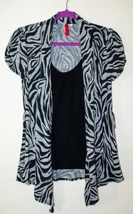 Heart Soul Junior's Y2K Zebra Layered Ruched Cardigan Tank Top Shirt Gray Black - Picture 1 of 17