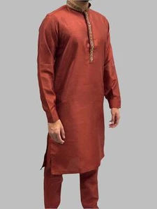 Boys Masala Red Silky Beadwork Trouser Suit - Picture 1 of 4
